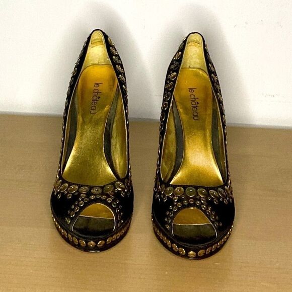 🌷le Chateau🌷Gorgeous Black Rhinestone Studded Pumps With Red Sole Gold Insole  - Picture 8 of 9